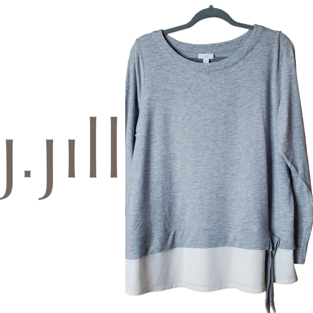 J. Jill Soft Top Heather Gray White Long Sleeve Jersey Side Bow Tie Hem …
